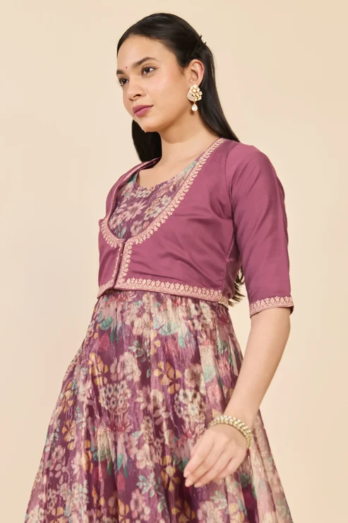 Pink Floral Anarkali with Overcoat